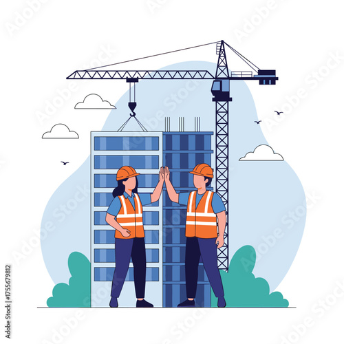 Two construction workers in high spirits give each other a high five as a skyscraper is built around them.