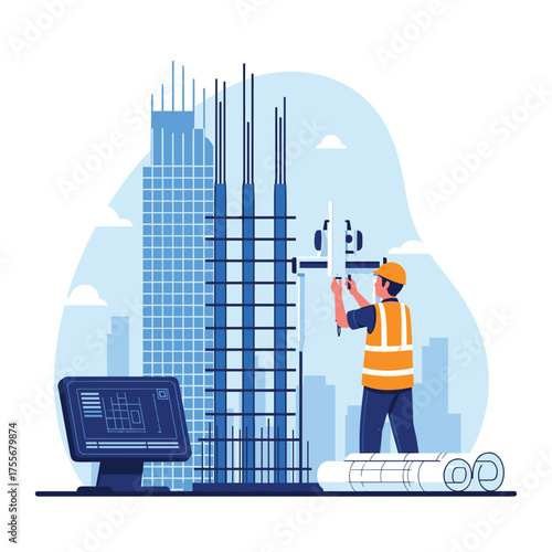 Construction worker is supervising the building of a skyscraper and reviewing blueprints on a computer.