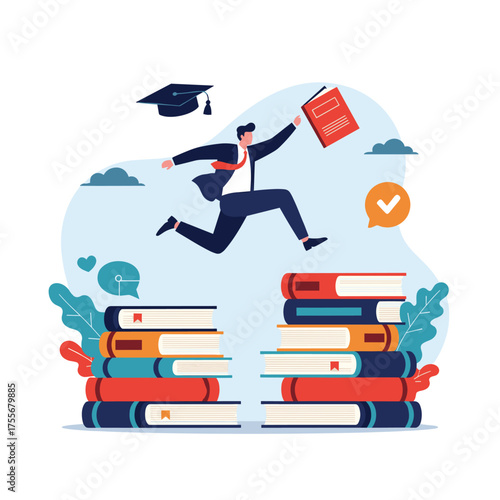 Student jumping over stack of books in graduation cap with diploma.