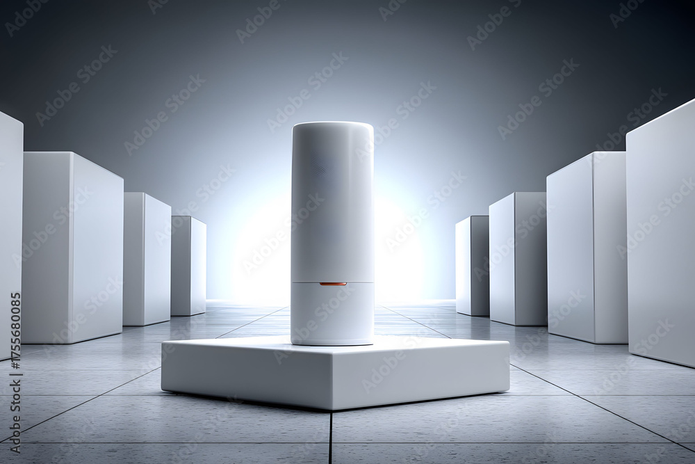 Fototapeta premium Futuristic Minimalist Design: Sleek White Cylinder Amidst Geometric Displays