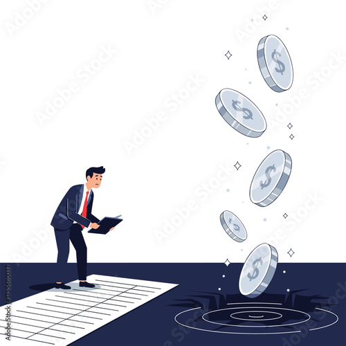 A businessman is using a tablet to observe falling coins into a black hole.