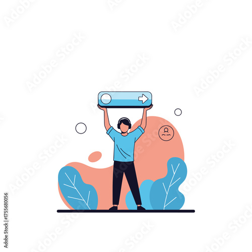 Illustration of a person holding up a button with an arrow indicating a forward direction representing progress and action.
