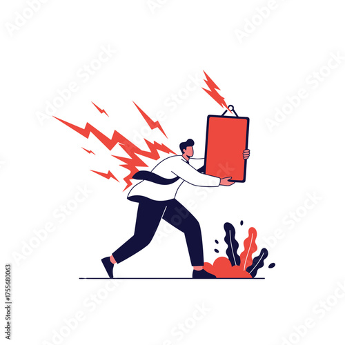 An illustration of a determined person running while holding a red clipboard.
