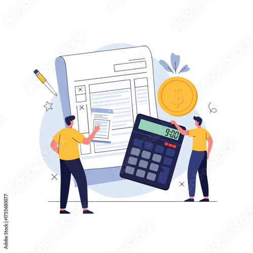Illustrating the process of financial accounting and calculation with two professionals analyzing documents and using a calculator.