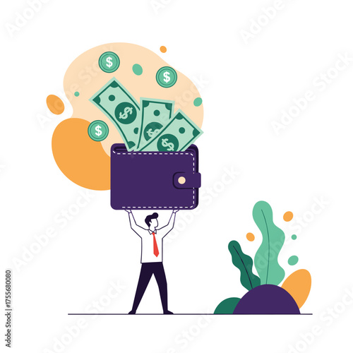 A person holding a wallet overflowing with money and coins. .