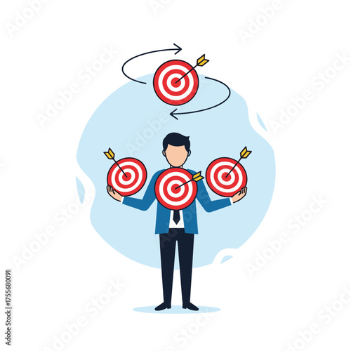 A businessperson skillfully juggles multiple targets in a strategic business management concept.