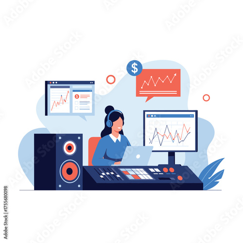 A professional audio engineer analyzes sound data on a computer while wearing headphones in a studio.