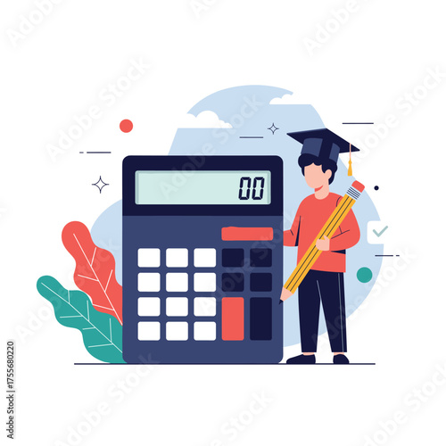 A student with a graduation cap and a large calculator represents the concept of education and learning.
