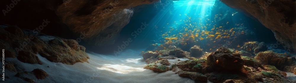 Fototapeta premium Underwater exploration coral reef cave hdr panorama ocean environment vibrant concept