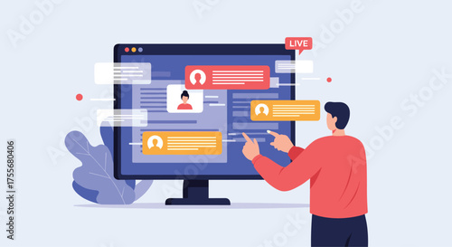 Illustrating the process of digital communication and online interactions with individuals engaging with computer interfaces.