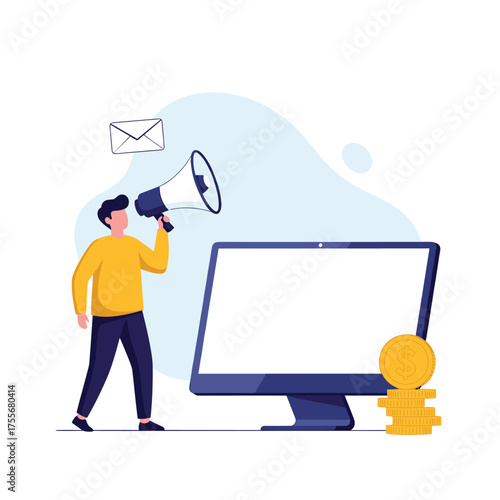 Man with megaphone announcing marketing campaign on a computer screen with coins.