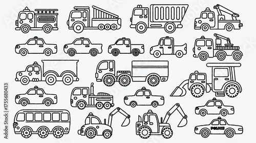 Collection of line art vector transport vehicles with various trucks