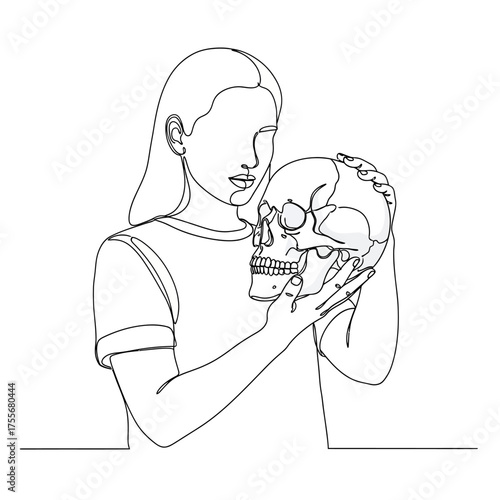 A woman holding a skull isolated on white background, drawn with a single continuous line, creating a minimalist and modern aesthetic with a touch of macabre beauty
