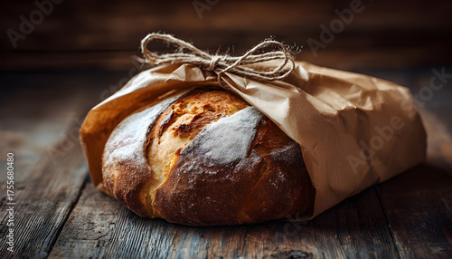 A loaf of freshly baked bread wrapped in a brown paper bag, ideal for picnics or as a gift