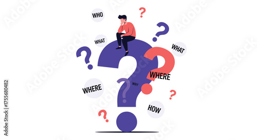 A person sits on a giant question mark surrounded by smaller question marks and bubbles with words asking questions.