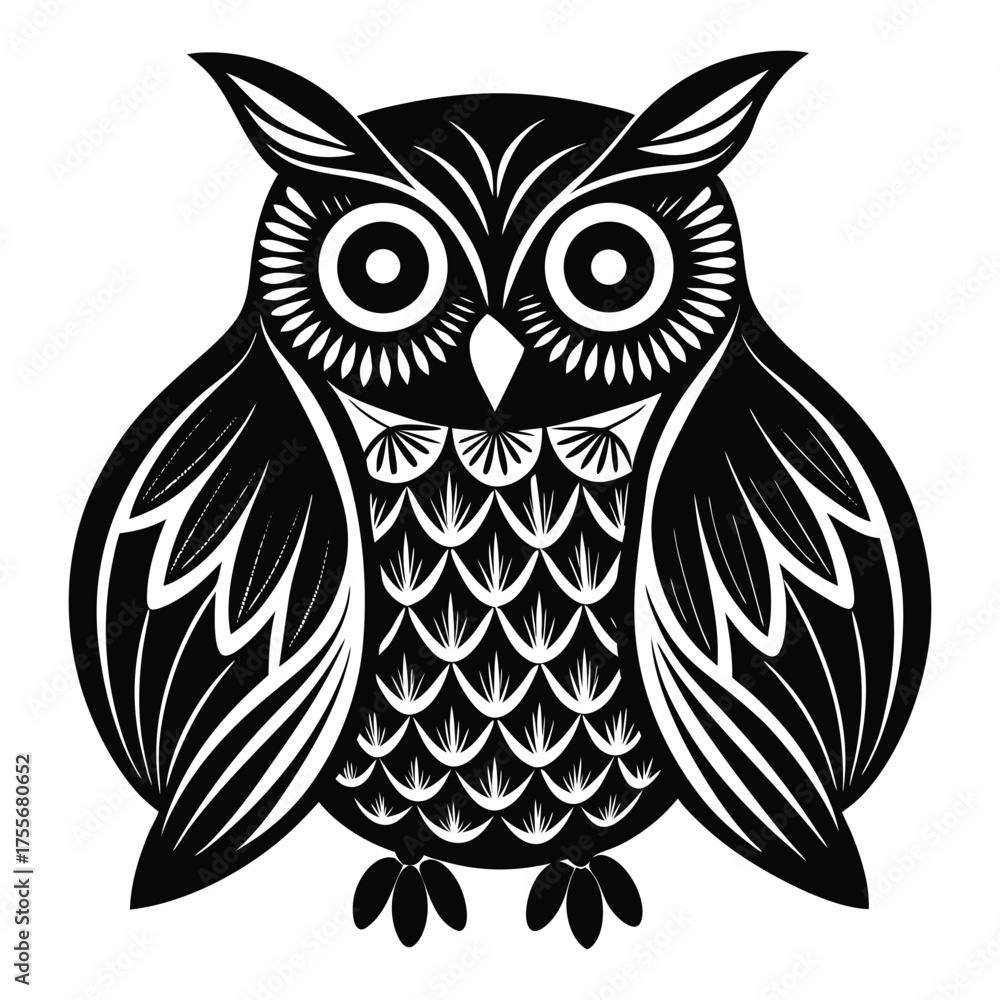 Obraz premium Whimsical black and white owl artistic design featuring intricate feather detail and large expressive eyes vector