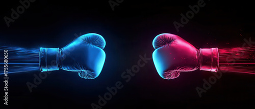 Blue boxing glove red boxing glove neon boxing glove boxing gloves sport glove duel concept fight concept motion trail dark background contrast lighting blue light red light studio lighting