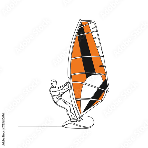 Continuous line drawing of a windsurfer on a board with a sail isolated on white background one line drawing of a windsurfer on a board with a sail on the water
