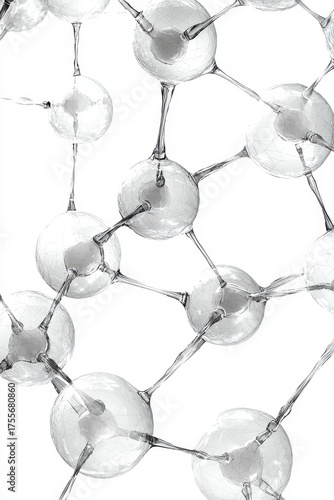 Glass molecular structure network translucent spheres connected by slender rods in minimalist scientific composition evoking precision and calm