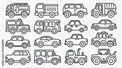 Collection of Various Car Vehicle Designs Outlined On White Background
