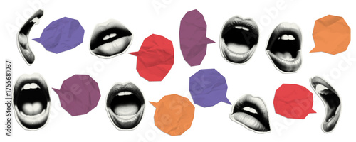 Vector halftone screamed mouth and speech bubbles cut out notebook paper with a wrinkled texture and shadow. Realistic crumpled paper mockup. Collage design template.