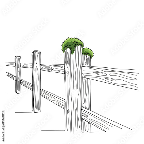 A wooden fence with moss growing on top, isolated on white background a simple black and white drawing of a rustic fence with a touch of green