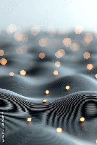 Soft wave landscape with glowing warm lights scattered across layered dark ridges creating serene abstract minimal mood