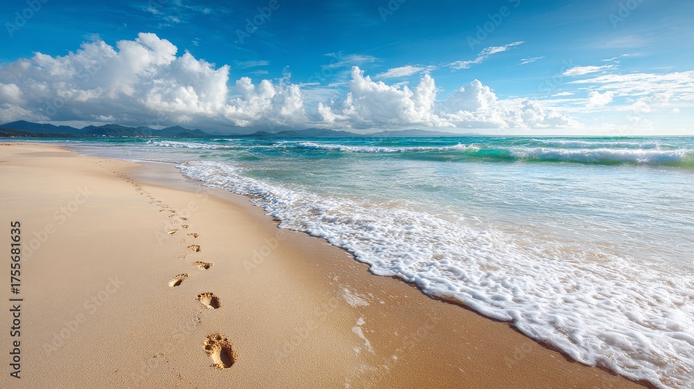 Fototapeta premium Footprints on a tropical sandy beach meeting the gentle wave of the ocean shore.