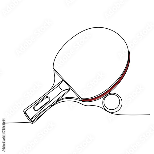 A ping pong paddle and ball depicted in a continuous line drawing, showcasing the sports equipment with minimalist elegance, isolated on white background