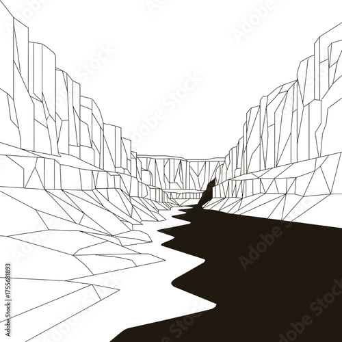 Low poly grand canyon isolated on white background a minimalist vector illustration of a canyon with a river running through it, perfect for backgrounds and more