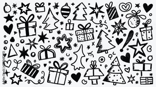 Festive Christmas doodles pattern with trees stars presents and hearts