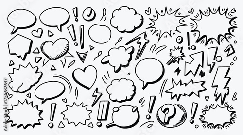 Hand drawn doodle speech bubbles clouds hearts arrows exclamation points and question marks