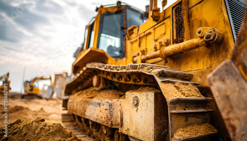 Old heavy equipment of bulldozer with sand in bucket. Bull dozer heavy machinery. Industrial heavy equipment. Bulldozer or dozer machinery