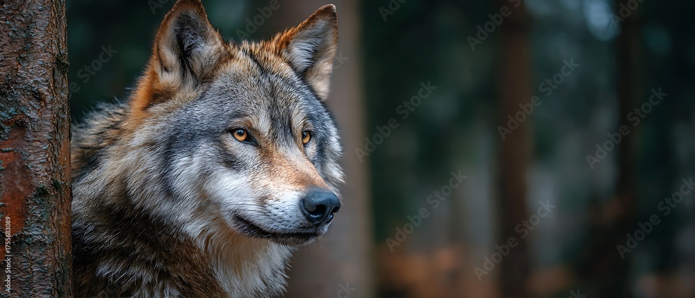 Obraz premium Grey wolf Canis lupus portrait in lush forest setting 