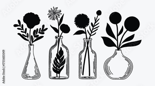 Minimalist Floral Illustration Featuring Various Vases and Flower Designs black and white
