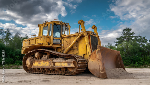 Old heavy equipment of bulldozer with sand in bucket. Bull dozer heavy machinery. Industrial heavy equipment. Bulldozer or dozer machinery