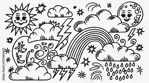 Weather Elements Cartoon Doodle Style Illustration for Coloring Pages and Prints
