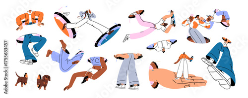 People teleport set. Characters are falling down and flying through magic holes. Men and women are jumping, coming and peeking inside and outside portals. Flat isolated vector illustrations on white
