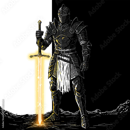 A knight with a glowing sword stands between light and darkness the warrior is ready for battle fantasy illustration the knight is a symbol of strength