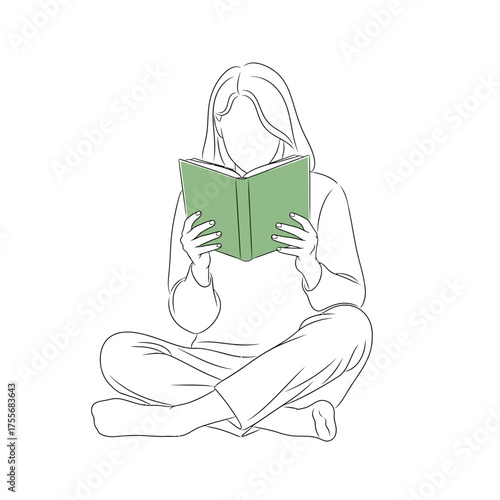 A girl reading a book isolated on white background the woman is sitting in a lotus position the reader is enjoying the story minimalist illustration