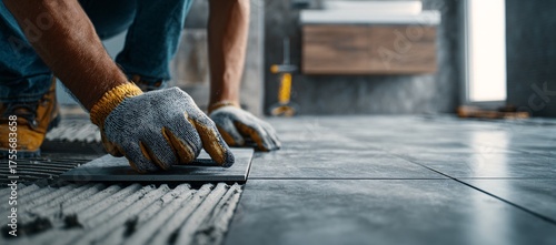 Worker Installing Floor Tiles with Adhesive