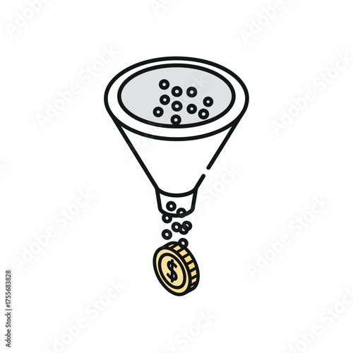 Conceptual icon of a sales funnel converting leads or data points into a dollar coin.