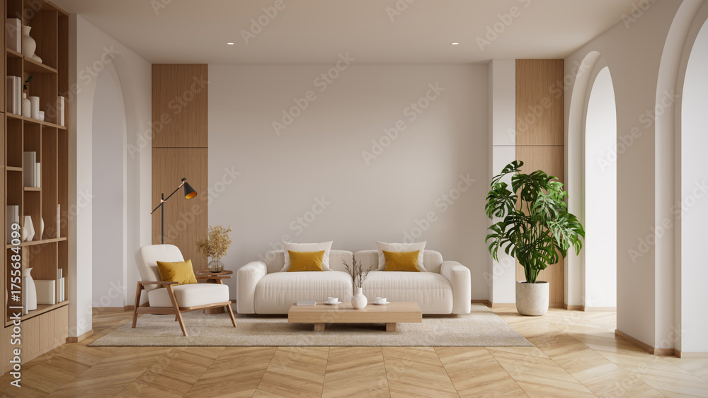 © LEKSTOCK 3D - Bright and cozy Scandinavian interior with a Monstera plant,  with a comfortable sofa, armchair, and elegant arched doorways..3d render