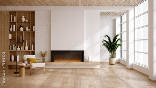 Spacious modern living room with electric fireplace and large windows, minimalist interior with wooden floor.3D render