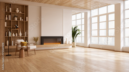 Spacious modern living room with electric fireplace and large windows, minimalist interior with wooden floor.3D render