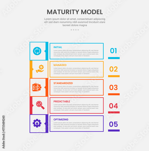 maturity model infographic outline style with 5 point template with square and sharp rectangle box container on vertical stack position for slide presentation