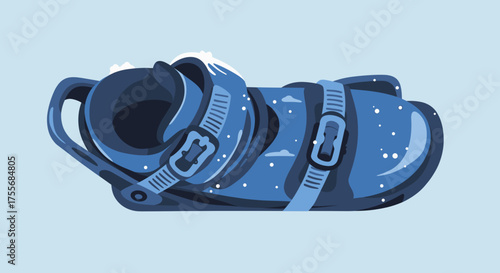 Snowboard with boots in blue color on a light background  