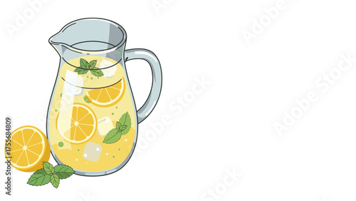 Pitcher with lemonade and fresh mint leaves on white background  
