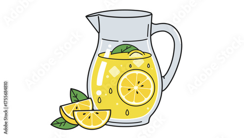 Pitcher with lemonade and lemon slices with mint leaves on white background  