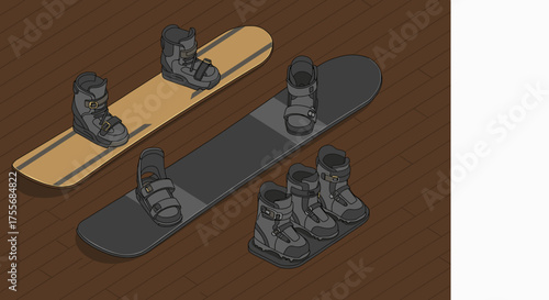 Snowboard with boots on wooden surface in layout design  